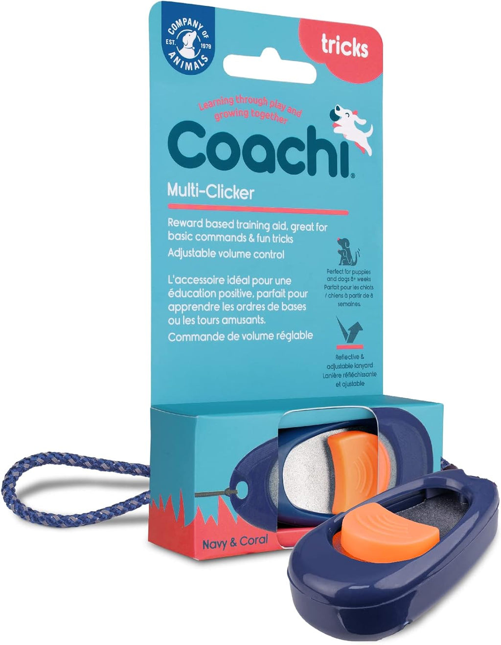 Coachi Multi-Clicker dog training accessory packaged with reflective lanyard details visible