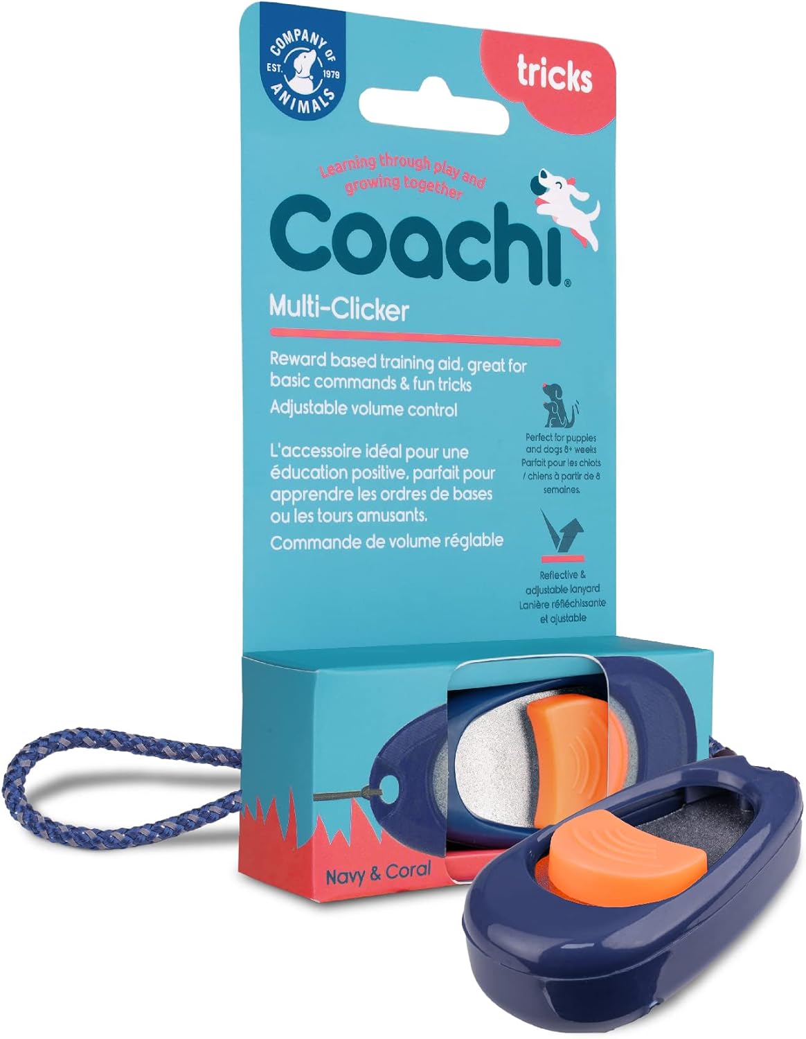 Coachi Multi-Clicker dog training accessory packaged with reflective lanyard details visible