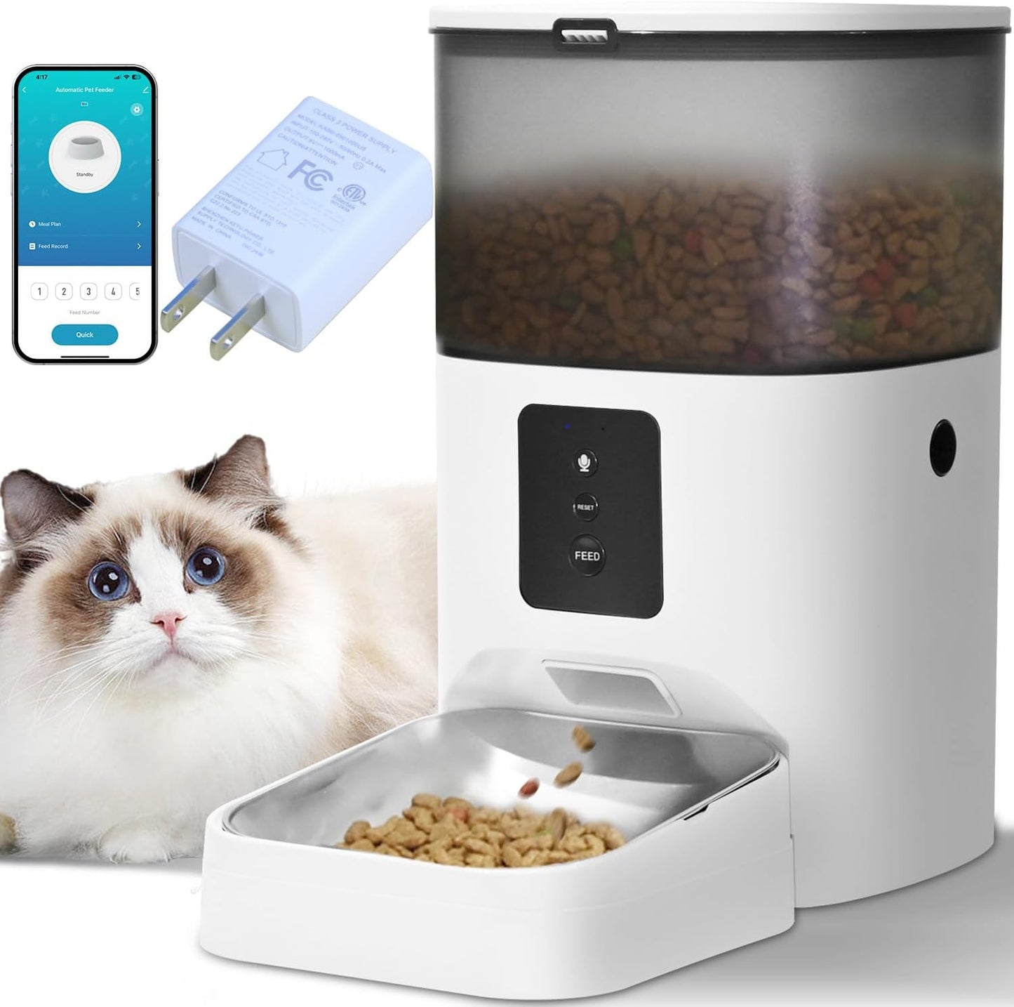 ANDOLL HOME 2.4G/5G Automatic Cat Feeder, 4L WiFi Food Dispenser with 10s Voice Recorder, Pet Feeder up to 10 Meals per Day, Timed Cat Feeder with Dry Food Sealed Ring (Matte White, 4.0 L) - Image 13