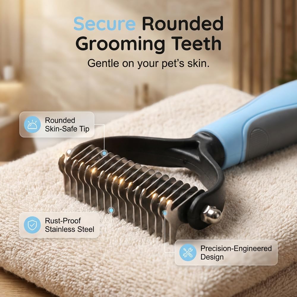 Pet grooming rake stainless steel teeth detail