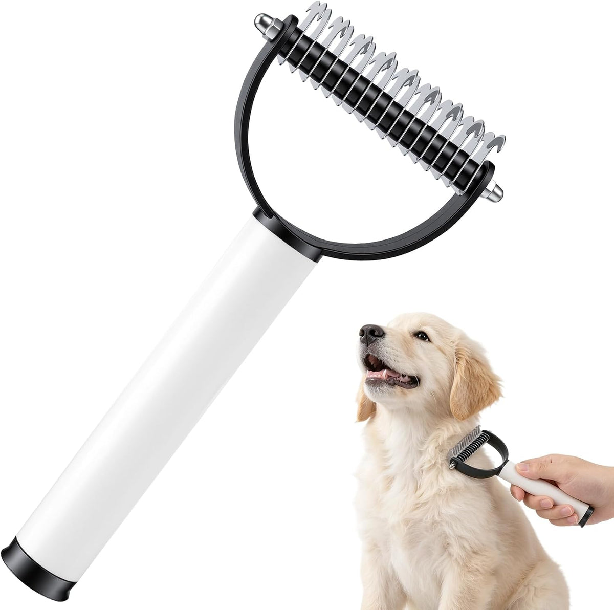 Txibi double sided dematting comb front view displaying dual stainless steel teeth and non slip grip handle.