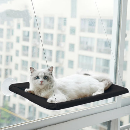 Packaging and lifestyle display of the JinRui-T khaki window perch for large indoor cats.
