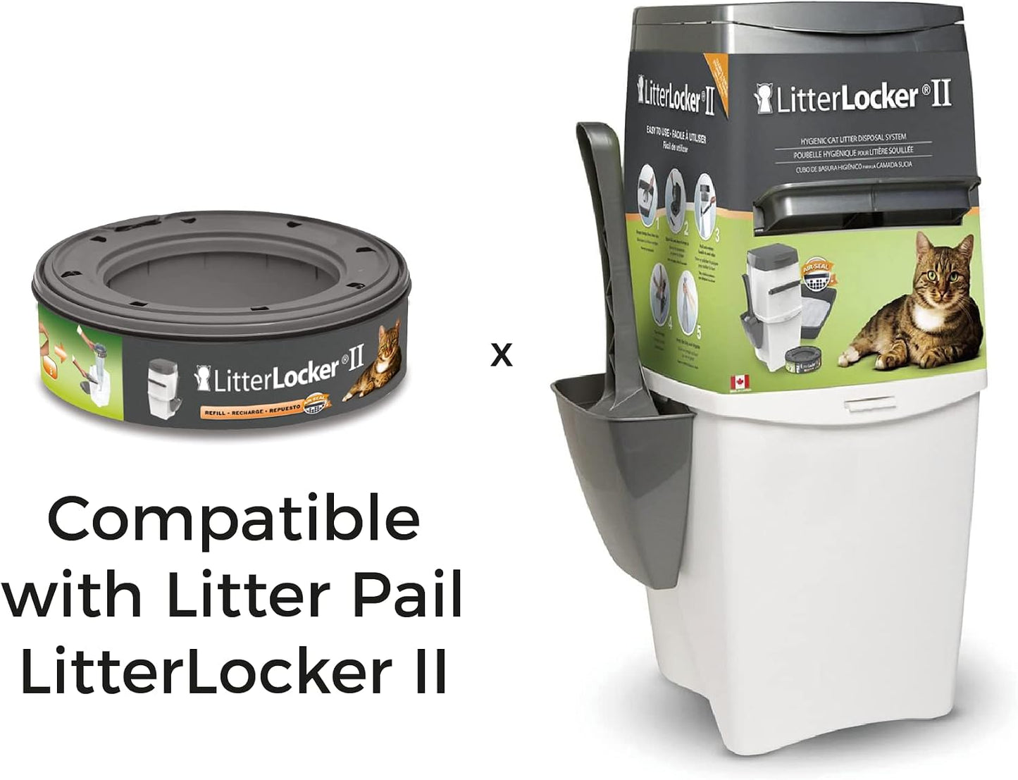 Side angle view of the authentic LitterLocker II round refill cartridge packaging.