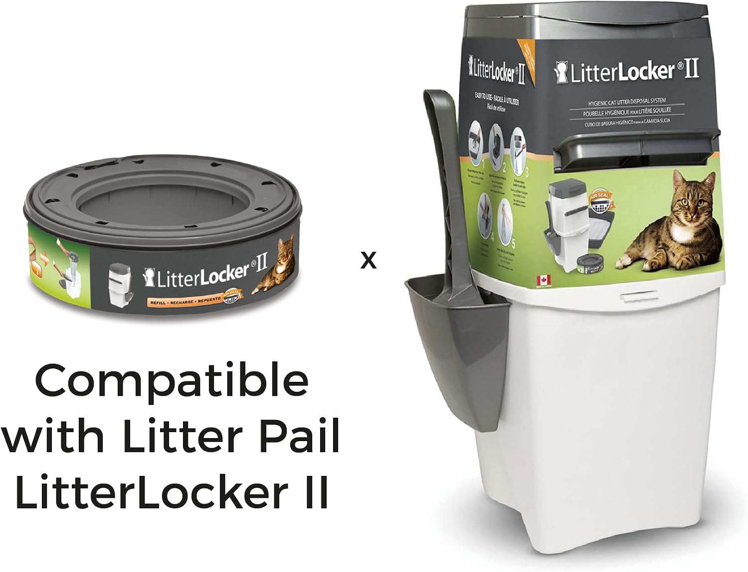 Side angle view of the authentic LitterLocker II round refill cartridge packaging.