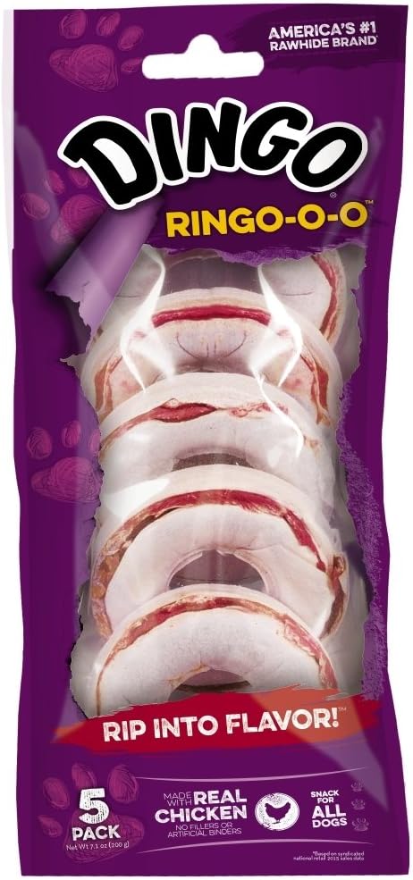 Dingo Ringo-o-o premium rawhide dog treats 5-count pack front view