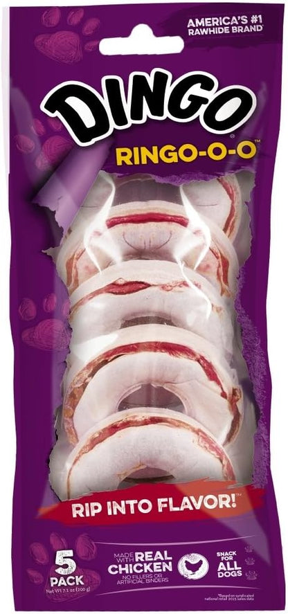 Dingo Ringo-o-o premium rawhide dog treats 5-count pack front view