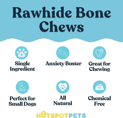 Four to five inch natural white rawhide dog bones displayed closely showing texture