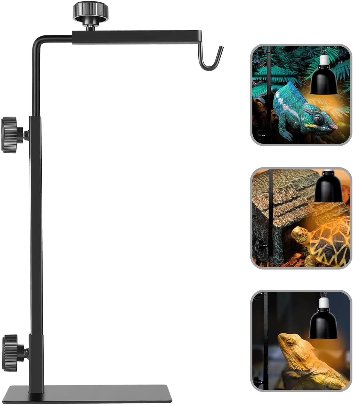 Bourdserk Reptile Lamp Stand front view showing the adjustable black metal vertical pole and horizontal extension arm.