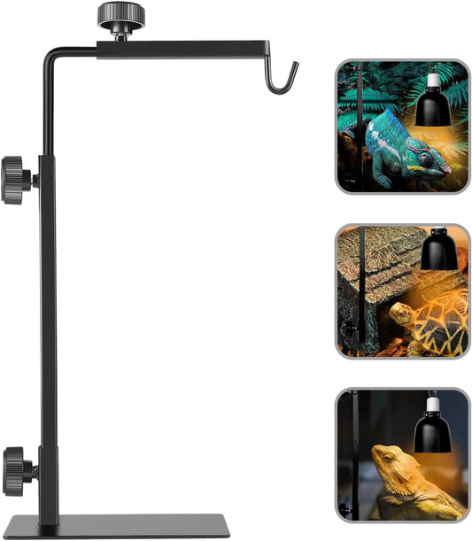 Bourdserk Reptile Lamp Stand front view showing the adjustable black metal vertical pole and horizontal extension arm.
