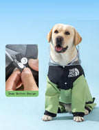 Full coverage blue pet raincoat with clear hood and four leg protection