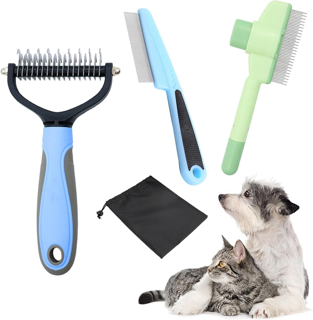 Cellcacn 3 pieces flea comb set front view showing the self cleaning pet grooming brushes.