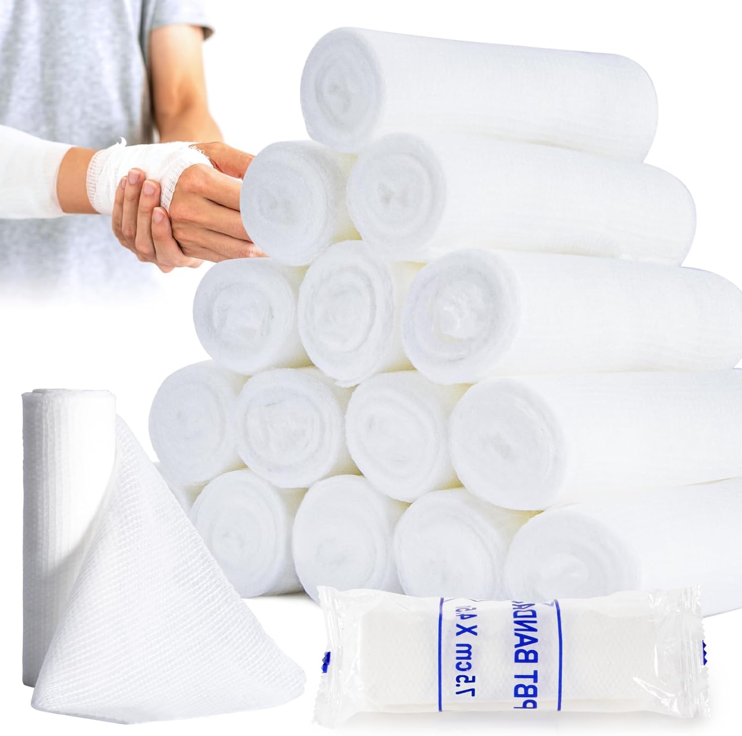 MAQIHAN 15 pack gauze rolls bandages front view for medical wound care kit.