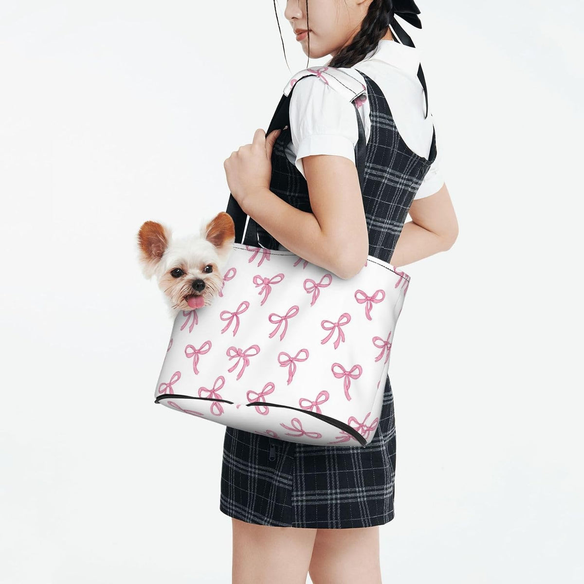 Pawaboo dog purse carrier pink bow pattern front view