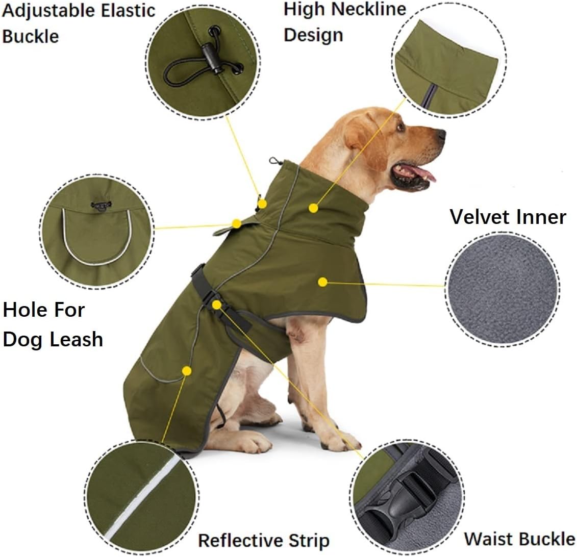 ODSSDAPU green pet snow suit showcasing the high visibility reflective safety strips.