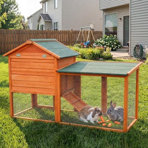 Large Outdoor Indoor Rabbit Hutch Wooden Bunny Rabbit Cage 2-Story with Run No-Leak Pull-Out Tray Waterproof Asphalt Roof Ramp for Guinea Pig Small Animal Wood Pet House Home Orange - Image 8