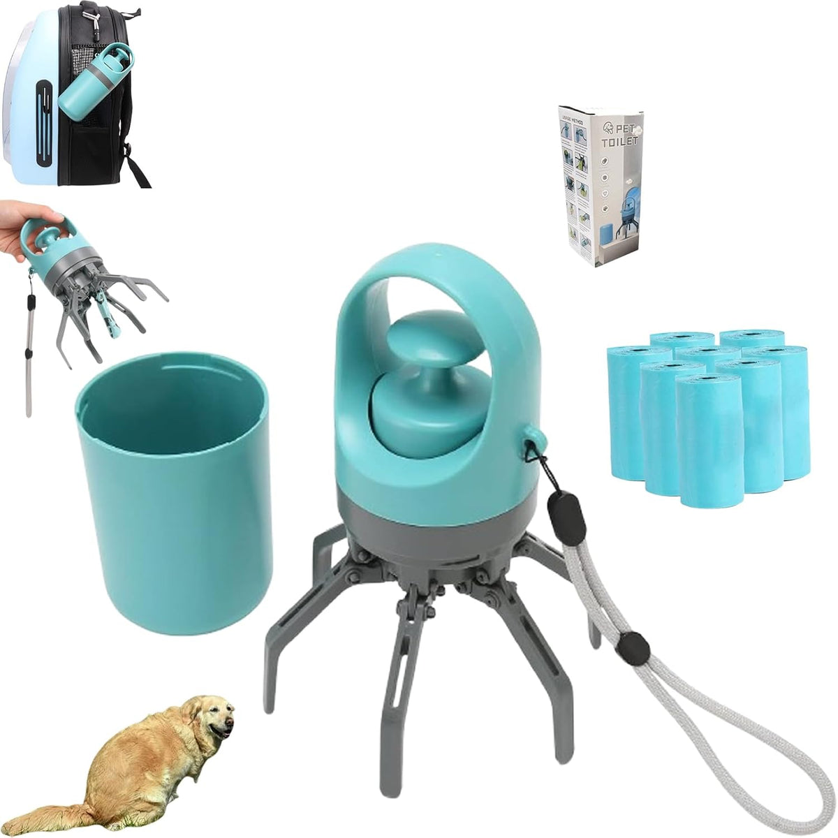 Premium plastic portable pet scooper showing full packaging accessories.
