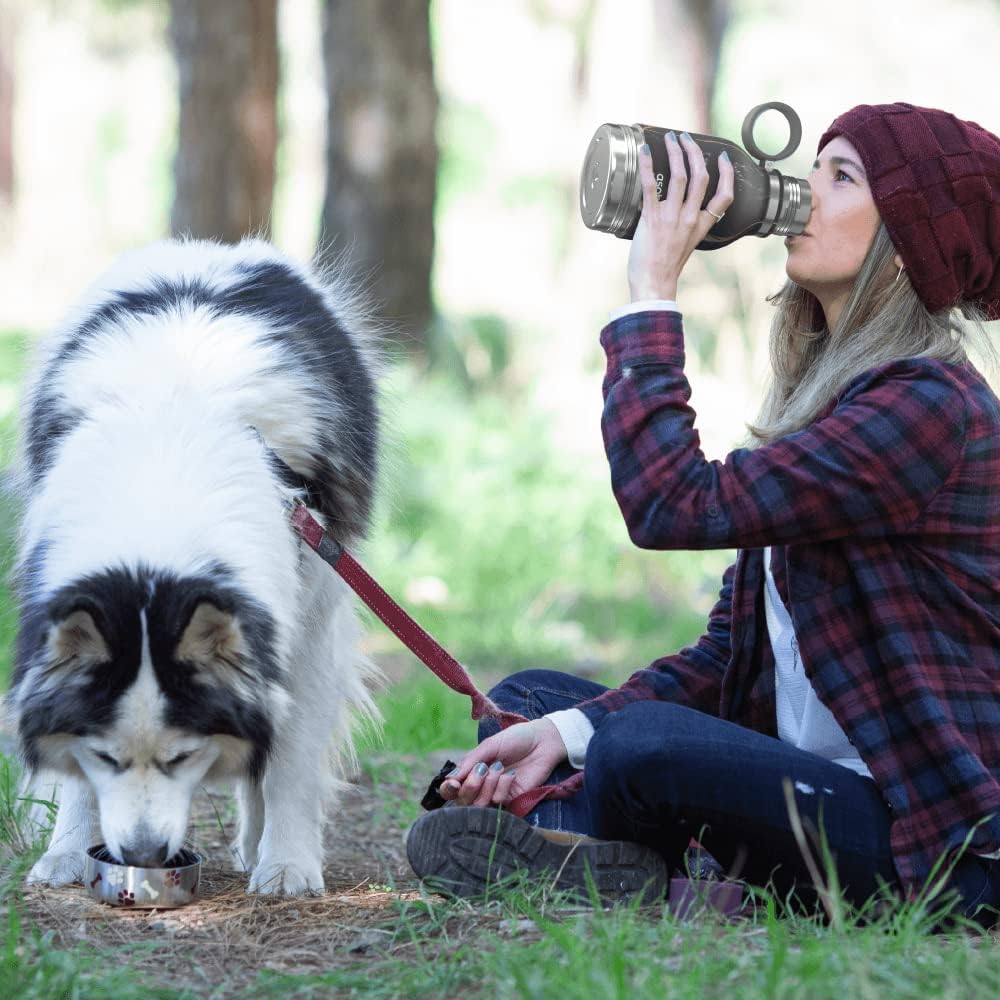 Asobu multi-functional travel flask showing separated food and water bowls