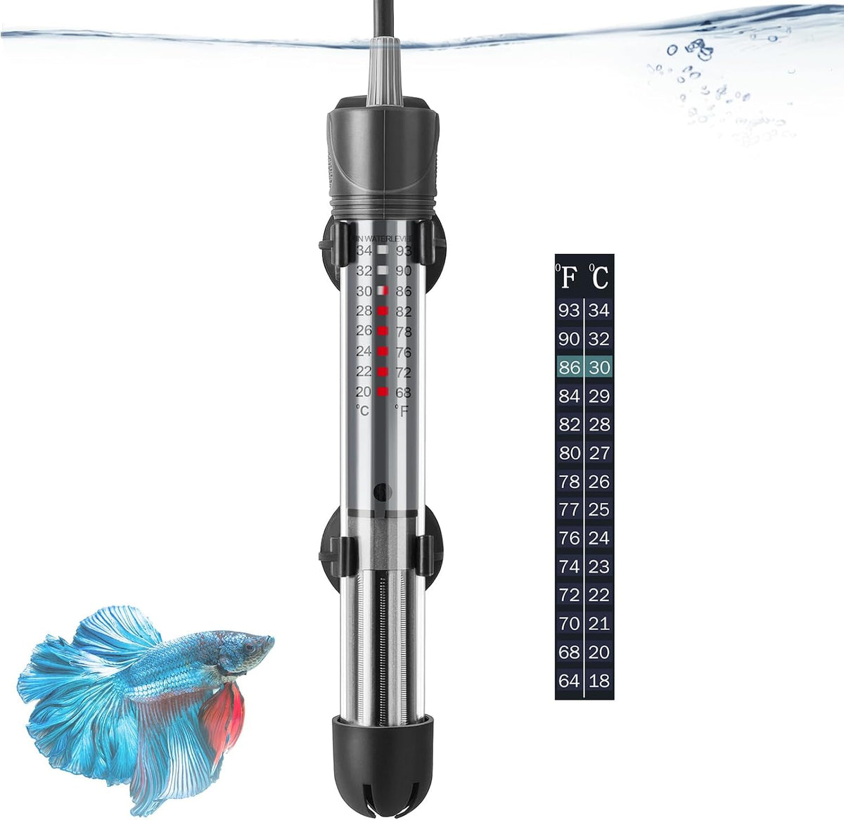 Hitop adjustable aquarium heater front view in packaging