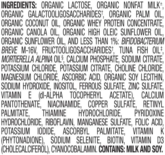Side view of Happy Baby A2 milk formula canister detailing ingredients and allergen information.