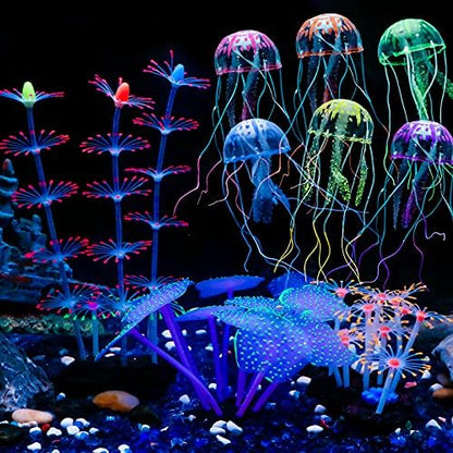Uniclife artificial aquarium ornaments showcasing six mini floating jellyfish swaying gently in a water tank.