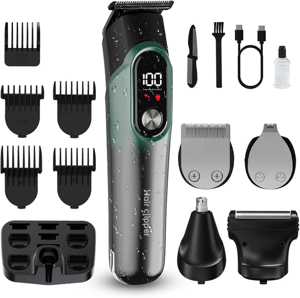 Amvonz 822 5 in 1 beard trimmer front view showing cyan finish and digital display