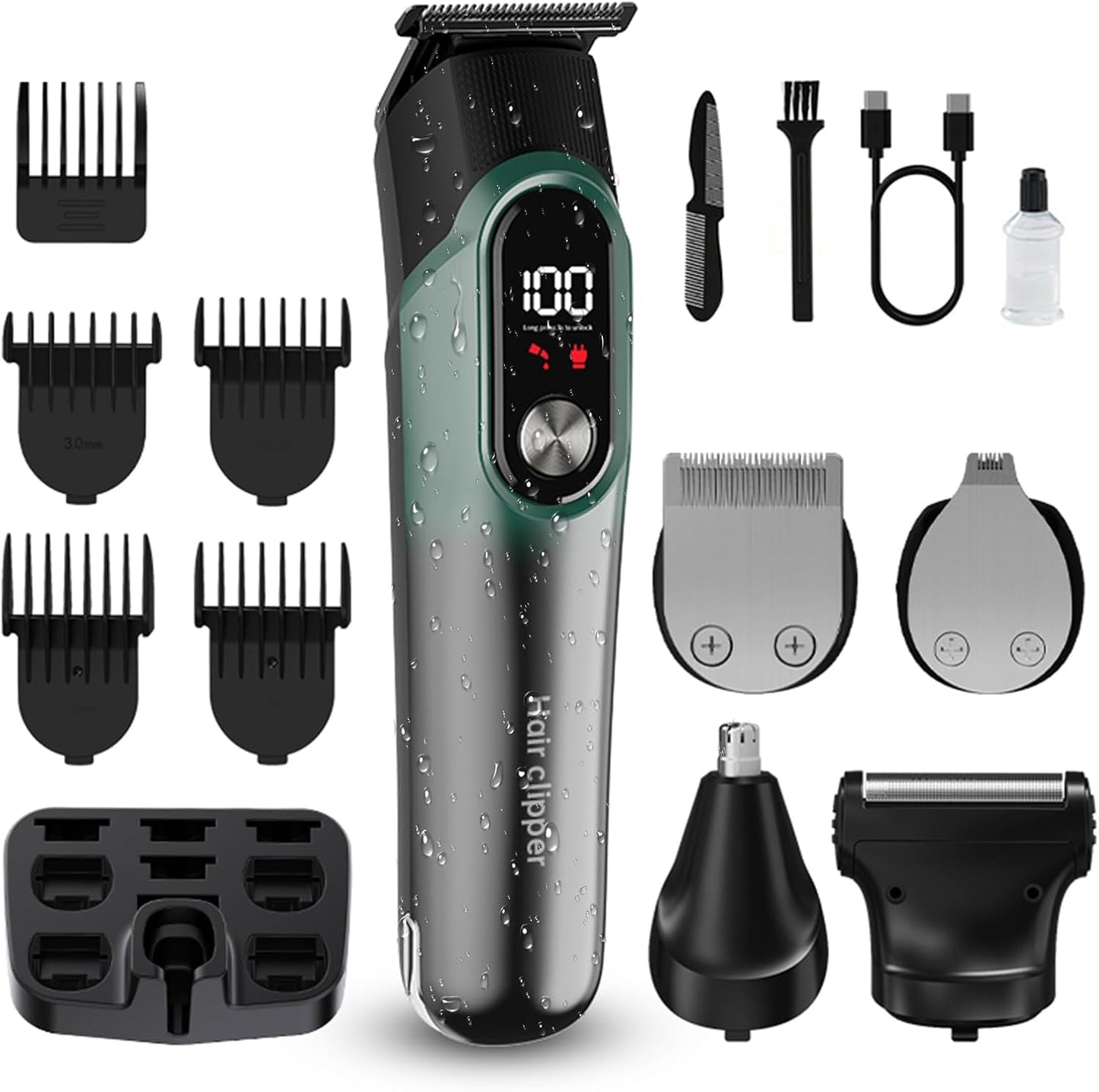 Amvonz 822 multifunctional 5 in 1 grooming shaving kit front view showcasing cyan body and digital display