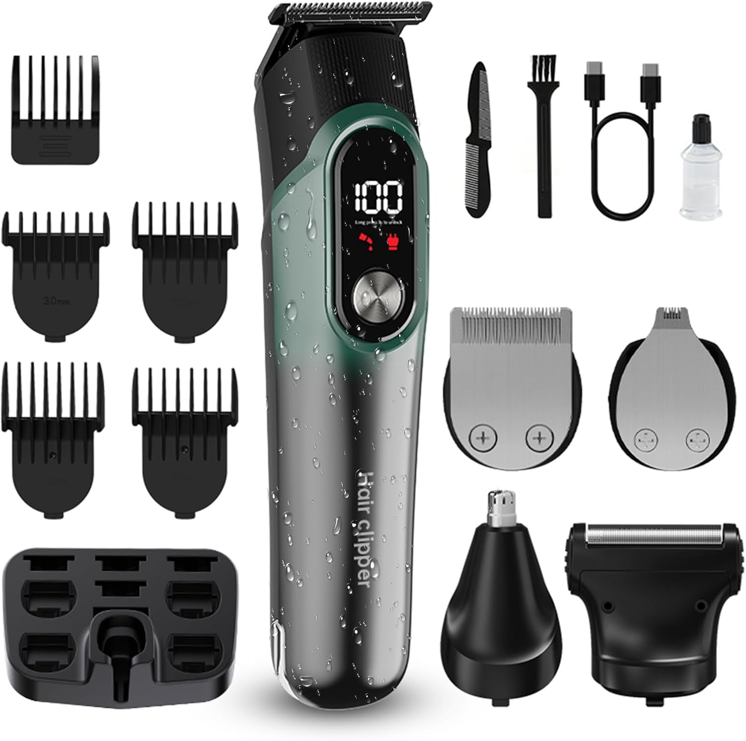 Amvonz 822 multifunctional 5 in 1 grooming shaving kit front view showcasing cyan body and digital display