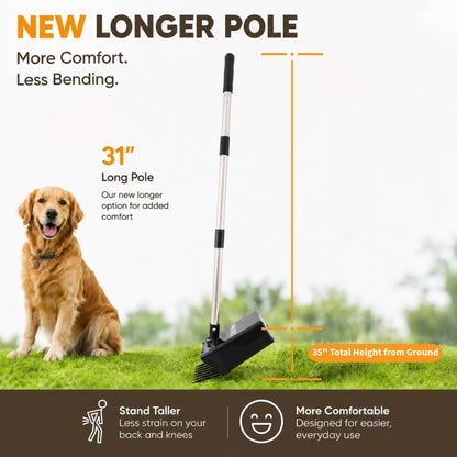 One handed pet waste pickup tool demonstration lifting waste from a lawn surface cleanly.