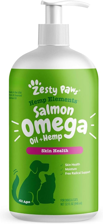 Premium Zesty Paws omega-3 skin and coat supplement bottle next to a healthy dog and cat