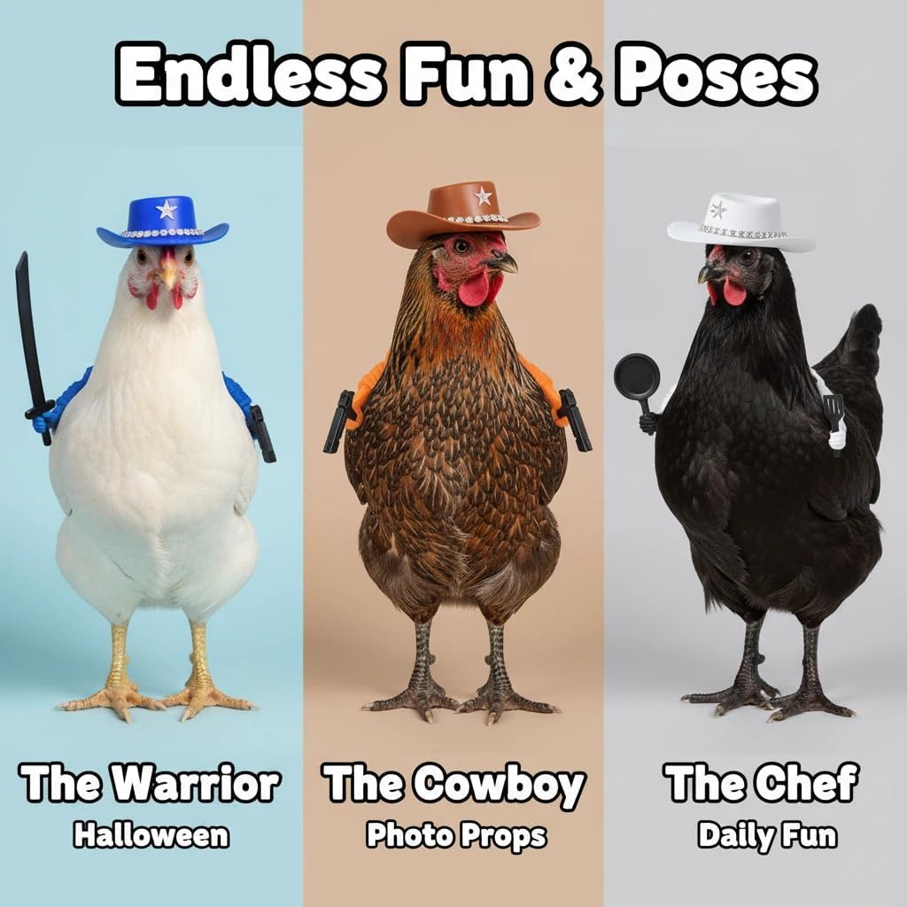 Close up of 3D-printed chicken arms with guns and western accessories for backyard poultry photography