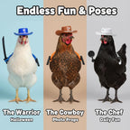 Close up of 3D-printed chicken arms with guns and western accessories for backyard poultry photography
