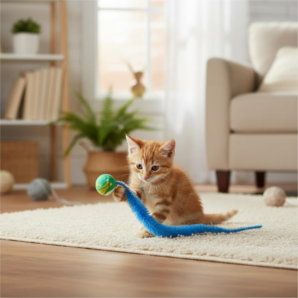 Colorful rainbow worm cat toy pack displaying vibrant texturized fuzzy tails
