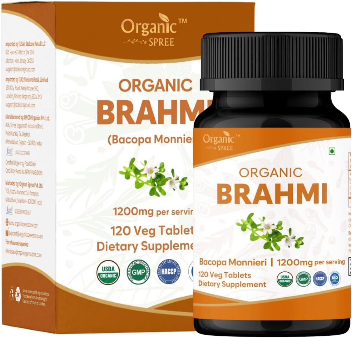 Organic Spree USDA Organic Brahmi Focus Support 120 tablets front view bottle packaging