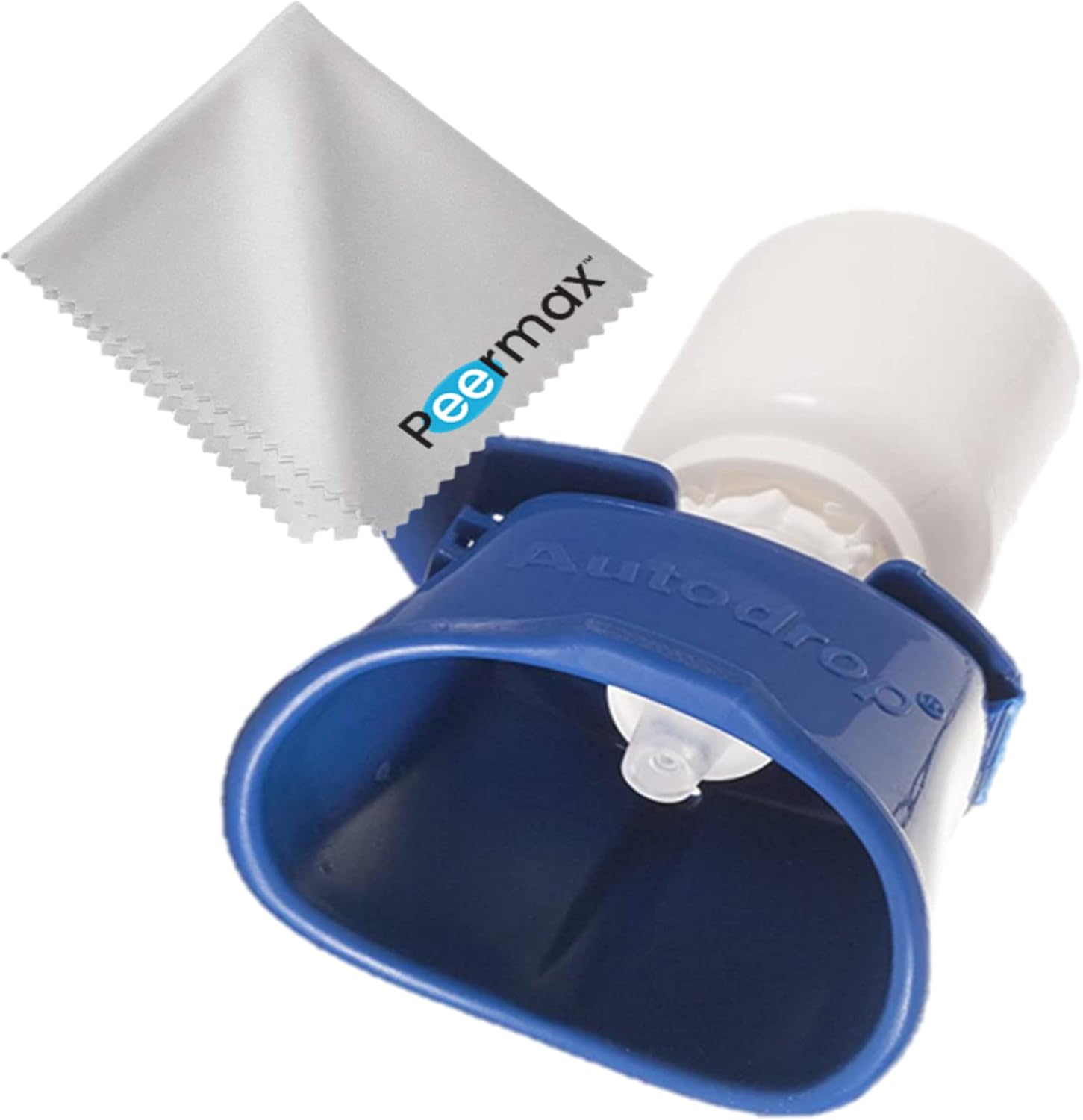 Peermax AutoDrop Eye Drop Guide front view blue and white dispenser tool