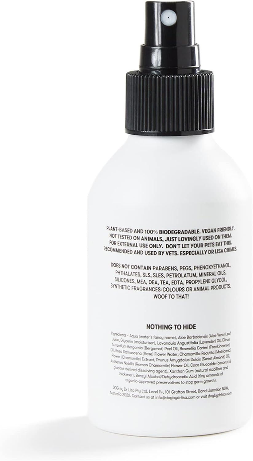 DOG by Dr Lisa pet deodorant spray showing natural lavender and chamomile ingredients