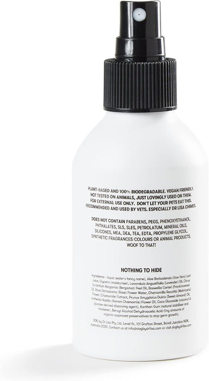DOG by Dr Lisa pet deodorant spray showing natural lavender and chamomile ingredients
