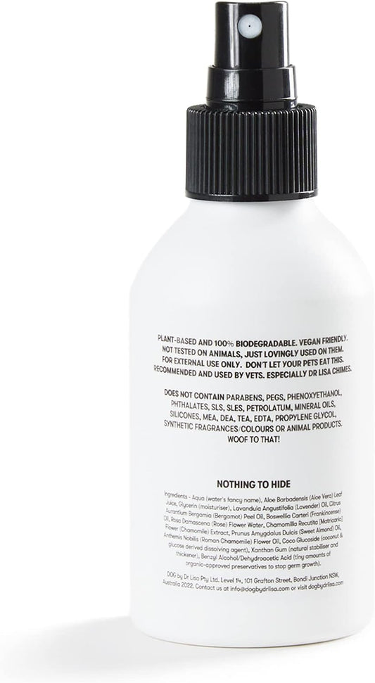 DOG by Dr Lisa pet deodorant spray showing natural lavender and chamomile ingredients