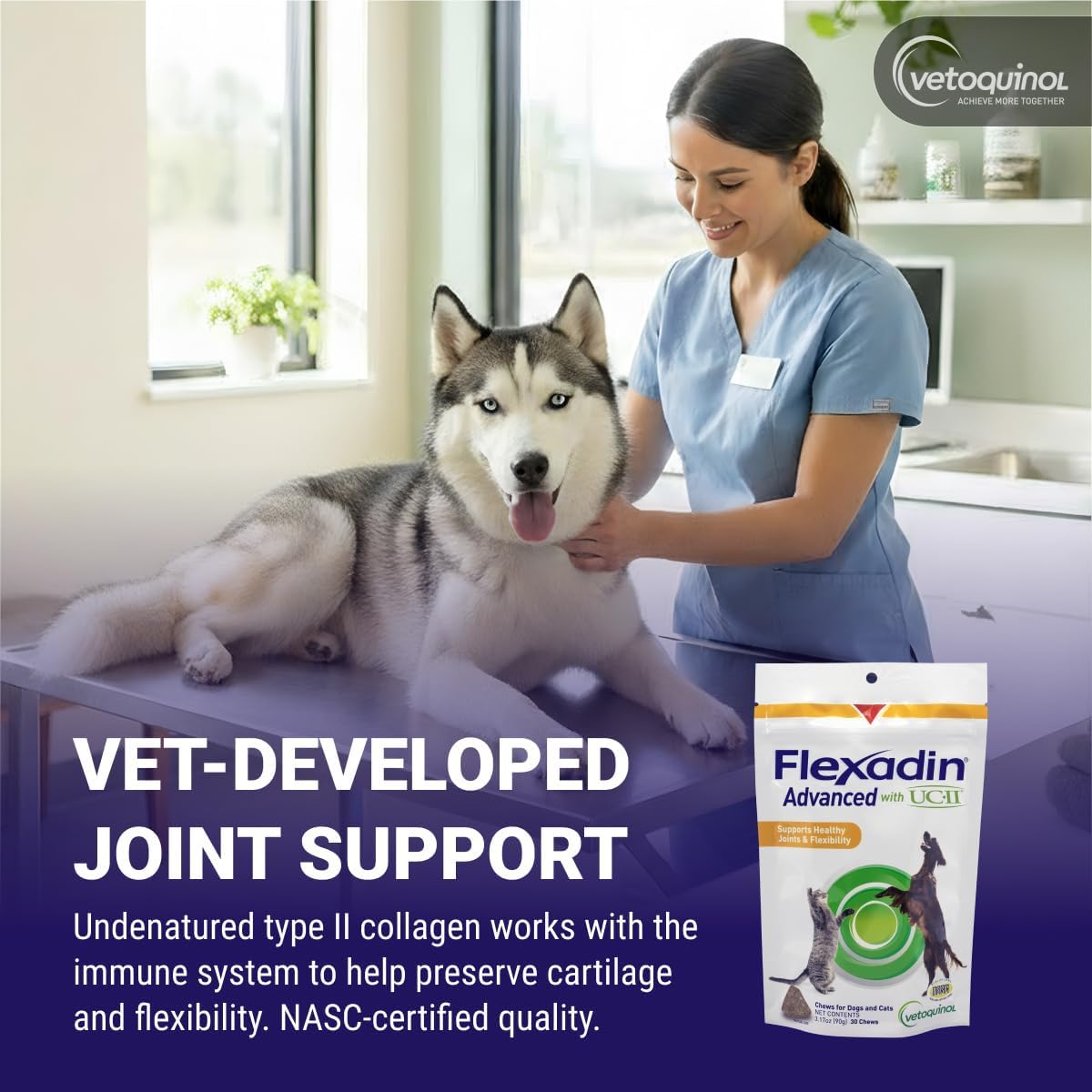 Vetoquinol Flexadin Advanced Hip and Joint Supplement with Undenatured Collagen for Dogs, One Chew a Day Hip and Joint Support Chew for Dogs and Cats, Clinically Proven Vet-Approved Formula, 30 Chews - Image 3
