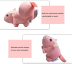 A puppy interacting with the soft plush stuffed chew toys for dental cleaning support.