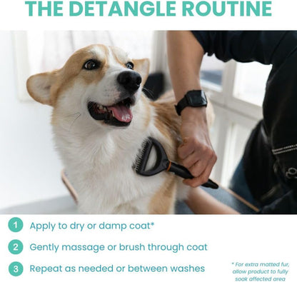Dye free pet grooming spray softening thick long haired dog coats.