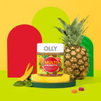 Open bottle of Olly multivitamin and probiotic gummies showcasing texture