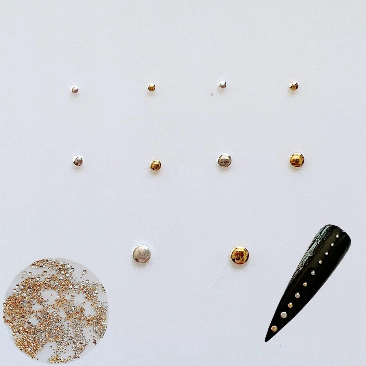 Nail Angel round metal studs packaging front view showing gold and silver assorted sizes for manicure designs.