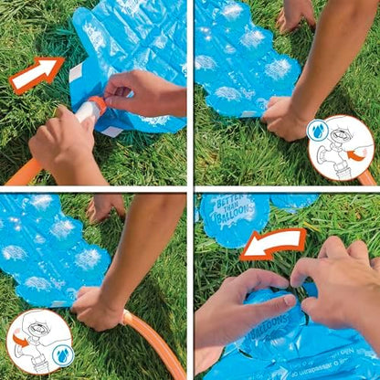 Close up of the reusable hose nozzle attached to the Nerf water pod sheets during filling.