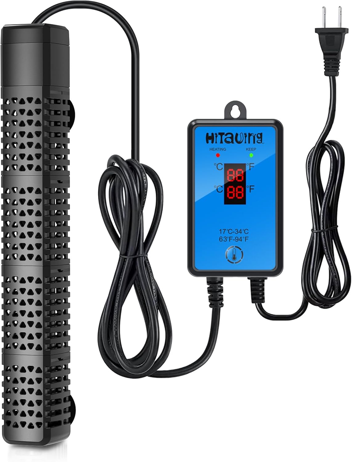 HiTauing aquarium heater front view showing submersible heating rod and external temperature controller