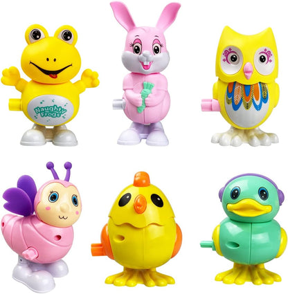Anditoy 6 Pack Easter Wind Up Toys front view showcasing six colorful animal characters.