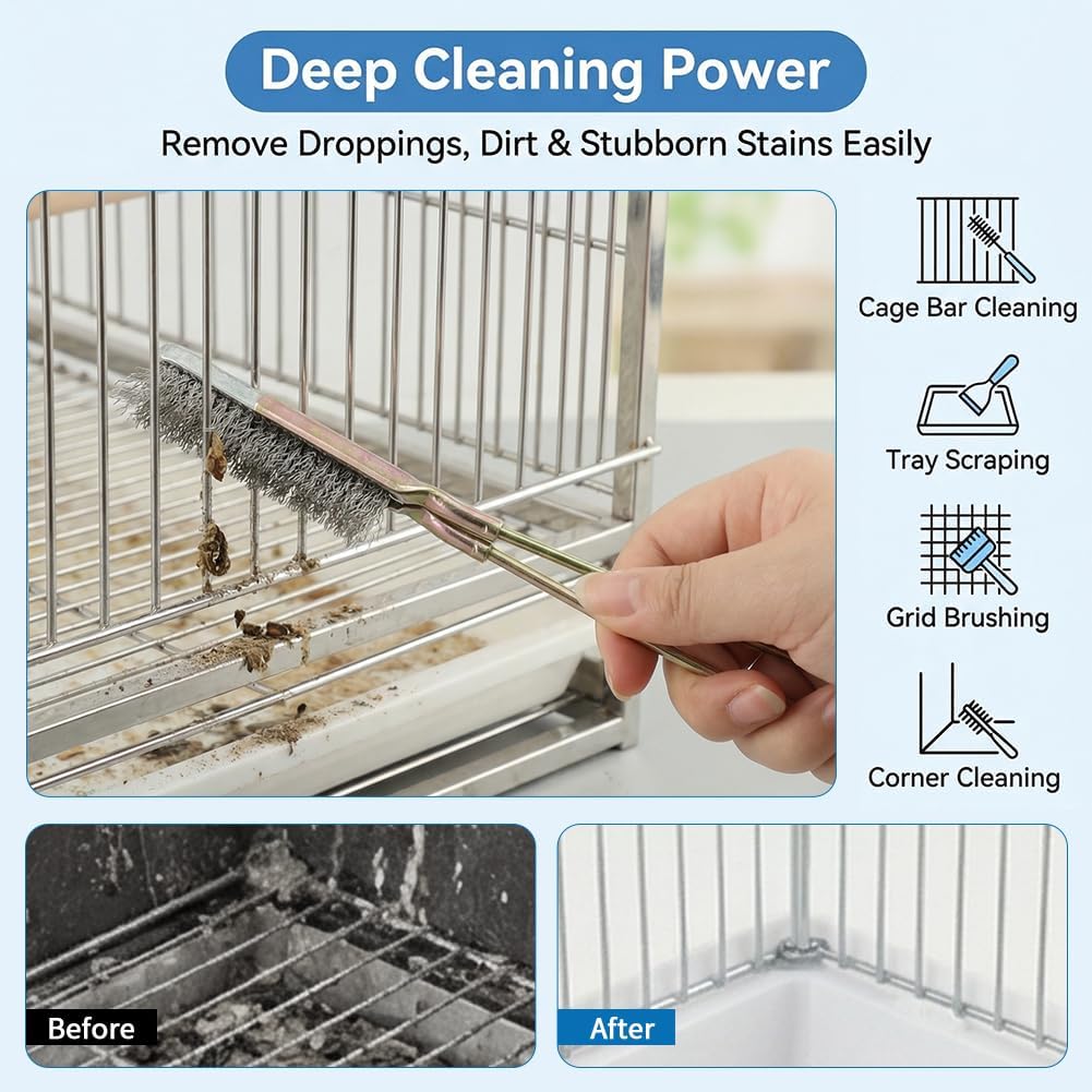Ergonomic handles of the multi function bird cage brushes highlighting the non slip grip design