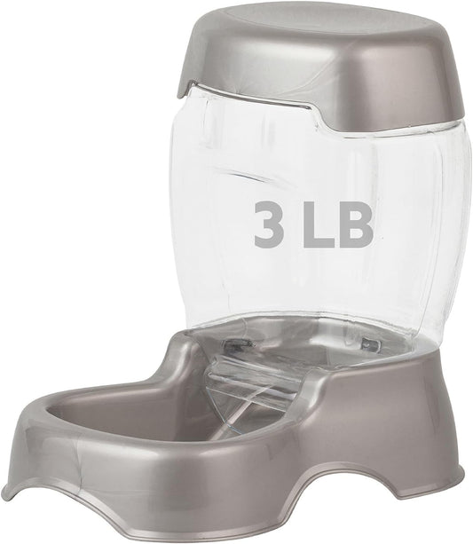 Petmate Pet Cafe Gravity Feeder front view of automatic dry food dispenser in pearlescent silver