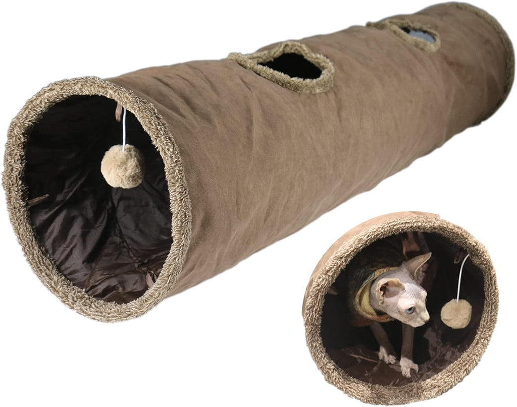 Suspended plush bubble toy ball hanging at the exit of the Terunat grey suede play tube.