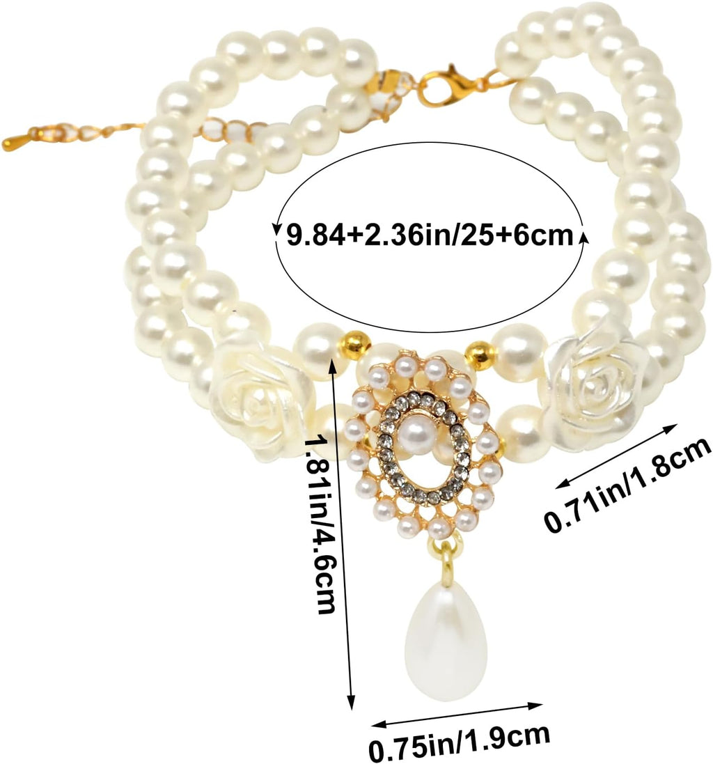 Close up of adjustable faux pearl pet collar with white flower beads and crystal pendant.