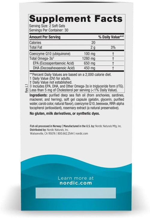 Nordic Naturals Ultimate Omega + CoQ10, Lemon - 60 Soft Gels - 1280 mg Omega-3 + 100 mg CoQ10 - Heart Health, Cellular Energy, Antioxidant Support - Non-GMO - 30 Servings - Image 2